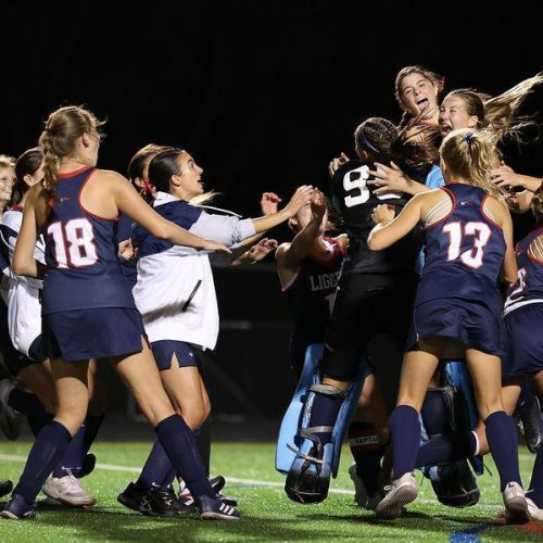 michigan high school field hockey team celebrating